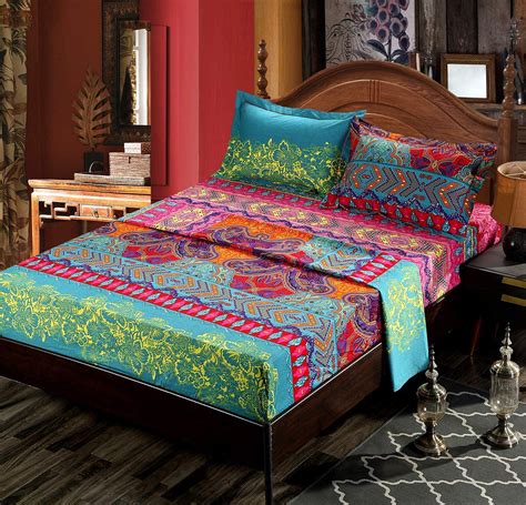 Hnnsi 4 Pieces Bohemia Ethnic Bedding Setsbrushed Cotton Boho Duvet