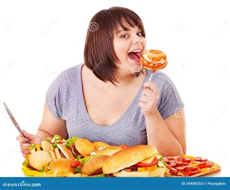 Fat Man Eating Fast Food Hamberger Breakfast For Overweight Person Royalty Free Stock Photo