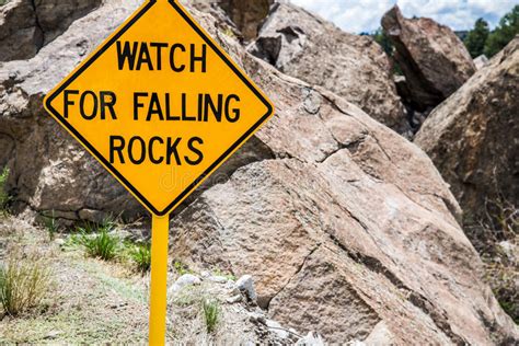 Falling Rocks Danger Warning Road Sign Stock Photo Image