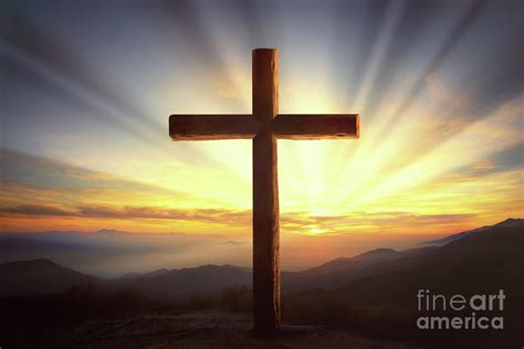 Wooden Cross On A Hill At Sunset By Shutterjack