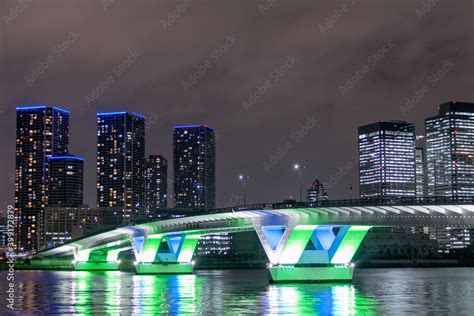 Illuminated Toyosu Ohashi Bridge And High Rise Residential Buildings