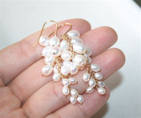 Elegant White Pearl Cluster Long Drop Earrings 14K Gold Etsy