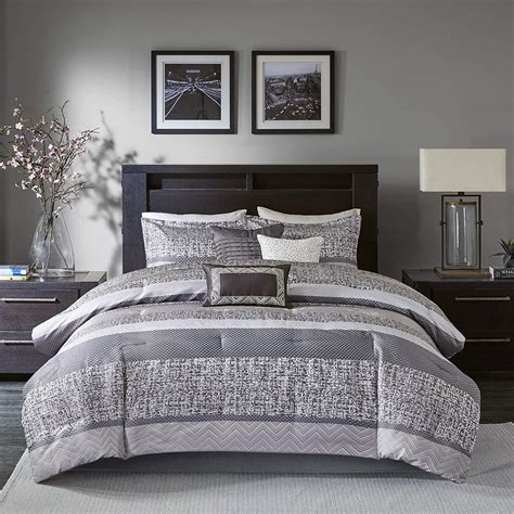 Madison Park Rhapsody Queen Size Bed Comforter Set Bed In A Bag Grey Striped Pieces