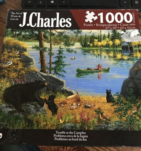 Jigsaw Puzzle 1000 Pc J Charles Trouble At The Campfire Bears Canoe