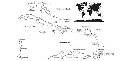Caribbean Peta Hitam Putih Illustration Twinkl