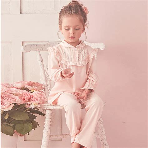 Children Girls Lolita Pink Pajama Setsturndown Collar Topspants