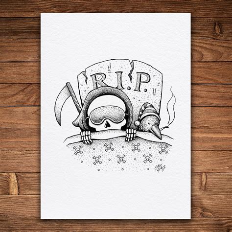 Grim Reaper Rip Pen And Ink Print Black And White Skull Art Funny