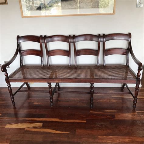 Modern, traditional, eclectic, rustic, glam, farmhouse, country Antique Wood & Cane Four Seat Bench | Chairish