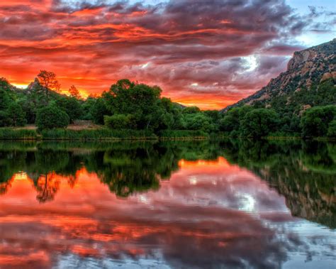 Red Clouds Sky Reflection Sunset At Granite Basin Lake