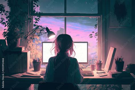Beautiful Young Woman Working At Her Desk At Night Very Chill And Cozy
