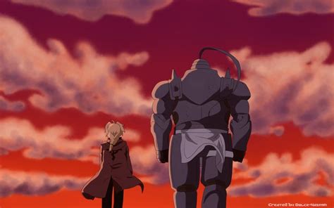 Two Anime Characters Standing In Front Of An Orange And Purple Sky With Clouds Behind Them