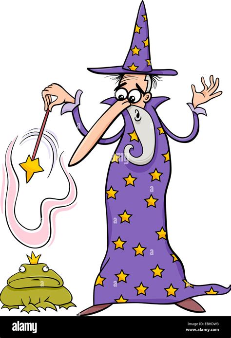 Cartoon Illustration Of Fantasy Wizard With Magic Wand Casting A Stock Photo Royalty Free Image