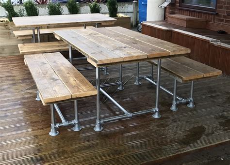 6 10 Seat Industrial Outdoor Garden Pub Table Benches Patio Furniture