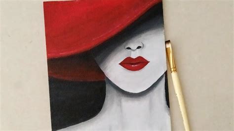 Lady In Red Hat Acrylic Painting A Girl Hiding Under A Hat How To