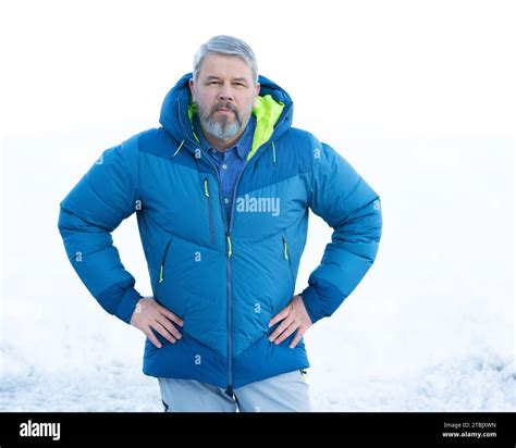 Man 56 Years Grey Hair And Beard Standing Outside In Winter With