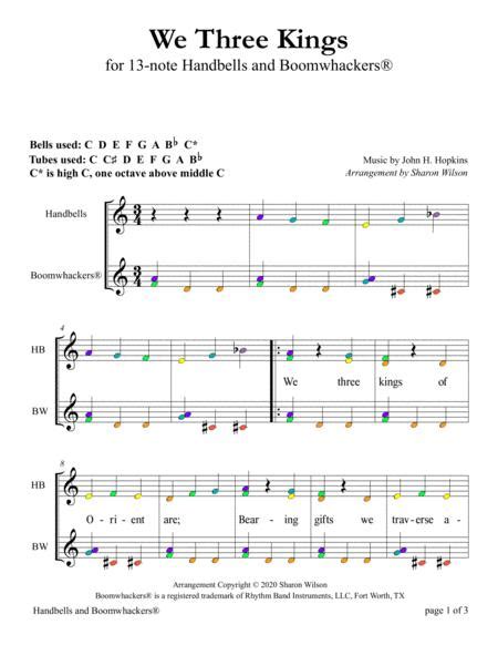 We Three Kings For 13 Note Bells And Boomwhackers With Color Coded Notes Free Music Sheet