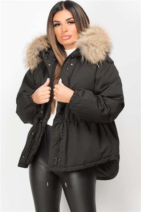 Womens Black Natural Raccoon Fur Hooded Parka Coat Jacket Uk