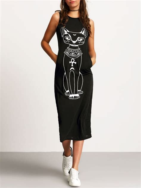 Black Sleeveless Cat Print Slim Dress Fashion Clothes Women Womens