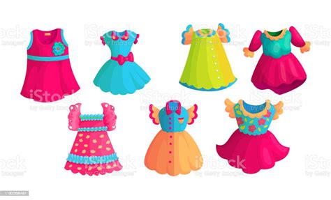 Colorful Dresses Cartoon Vector Stickers Set Stock Illustration