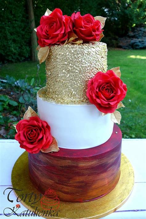 gold red cake with roses decorated cake by torty cakesdecor