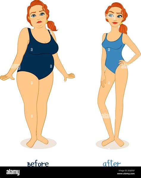 Fat Y Slim Mujer Figuras Antes Y Después De La Pérdida De Peso Aísla Ilustración Vectorial