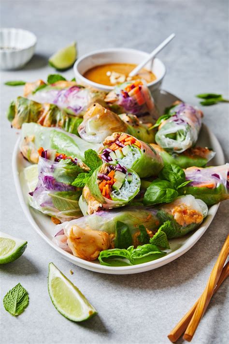 Fresh Spring Rolls With Salmon And Peanut Sauce Olive And Mango