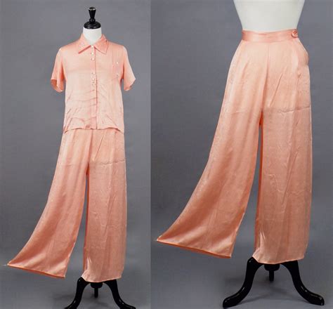 Vintage 1930s Pink Silk Wide Leg Pajamas Loungewear Set 30s Pajama