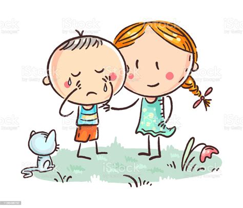 A Little Boy Crying And A Girl Comforting Him Stock Illustration