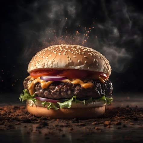 Hambúrguer Em Um Fundo Preto Com Closeup De Fumaça Foto Premium