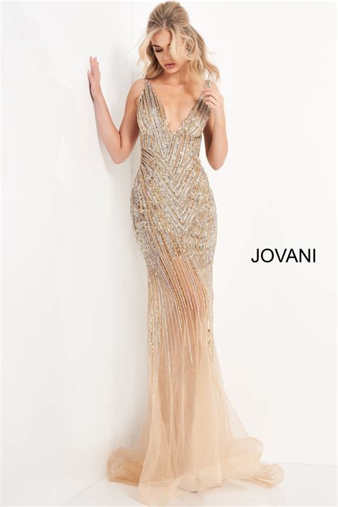 Jovani 1162 Nude Embellished V Neck Prom Dress