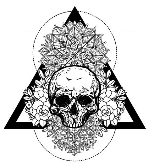 Tattoo Art Skull And Flower Hand Drawing And Sketch Black