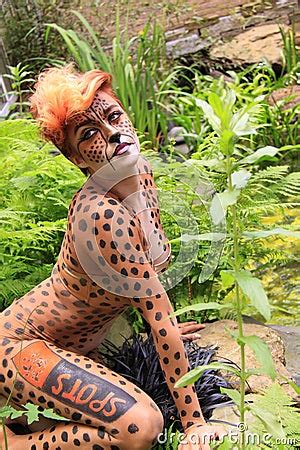Cheetah Bodypaint Girl In Garden Editorial Photography Image 27106157