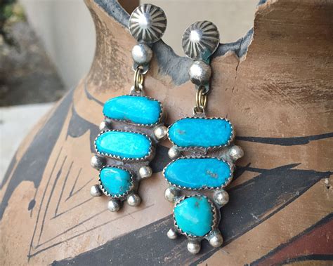 Three Stone Blue Turquoise Dangle Earrings For Women Vintage Navajo