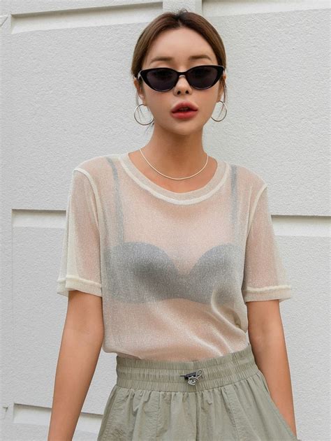 Apricot Casual Collar Short Sleeve Mesh Plain Embellished Slight Stretch Women Tops Blouses