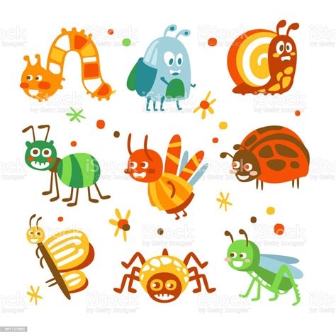 Cartoon Funny Insects And Bugs Set Colorful Collection Of Cute Insect