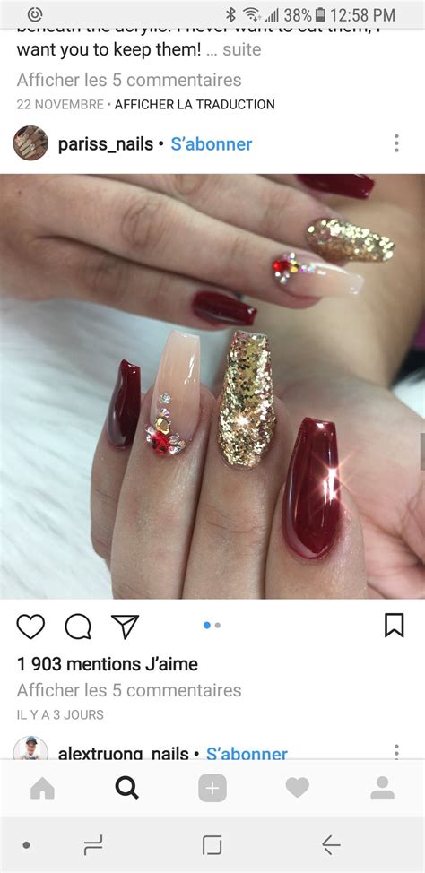 Uñas Acrilicas Rojas Con Dorado Y Piedras - Unas Acrilicas