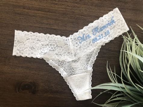 Bridal Thong Panties Underwear Personalized And Embroidered With Mrs Name White Lace Panties