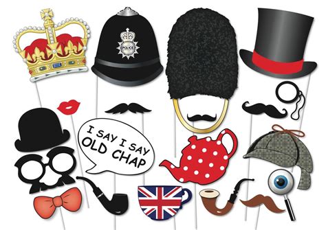 British Photo Booth Party Props Set 20 Piece Printable English