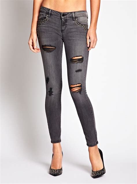 Kate Low Rise Grey Skinny Jeans With Stud Embellishments Guessca