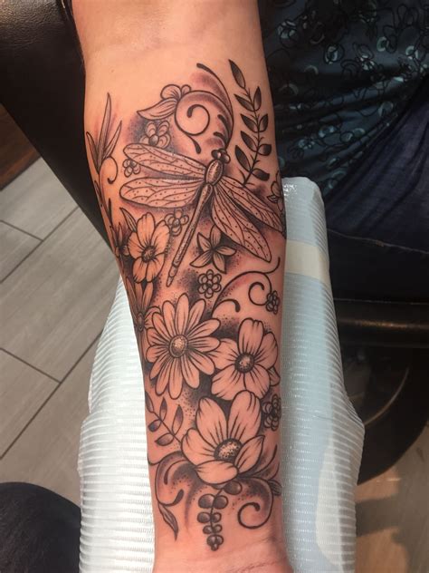 Dragonfly And Flowers Unique Half Sleeve Tattoos Feminine Tattoo