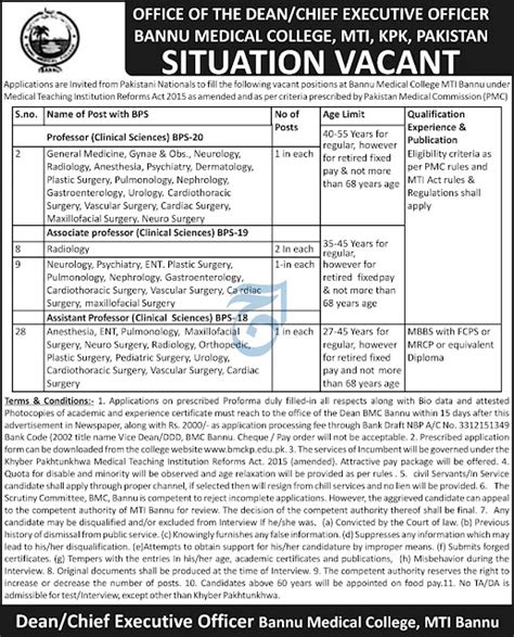 Bannu Medical College Faculty Jobs March Posts