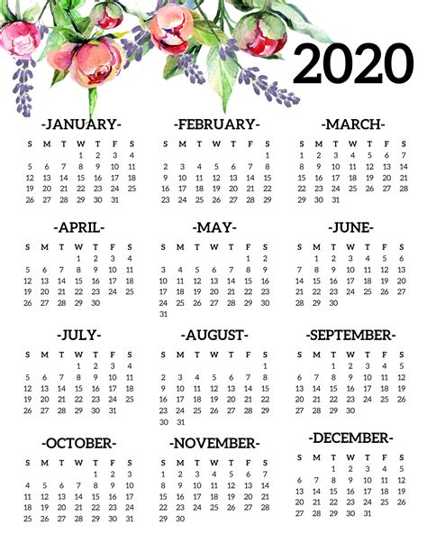 Free Printable 2020 Calendar Yearly One Page Floral Paper Trail Design