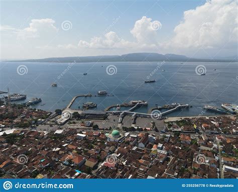 Aerial View Of Port In Banyuwangi Indonesia With Ferry In Bali Ocean