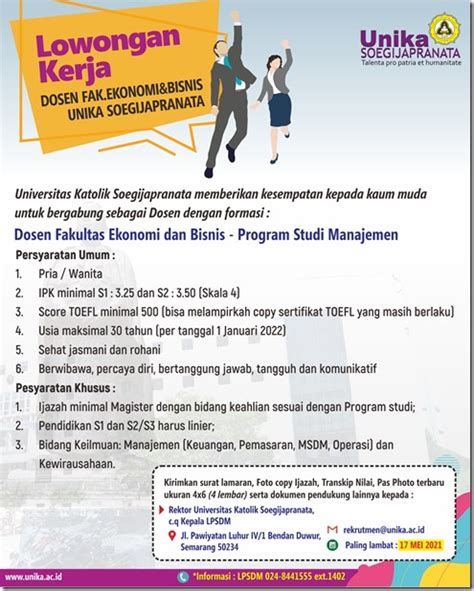 Lowongan kerja terbaru 2021 lowongan bank bumn cpns pertamina telkom kereta api astra lowongan kerja sma smk d3 d4 s1 s2 tahun 2021. Lowongan Kerja Dosen Unika Soegijapranata Mei 2021 ...