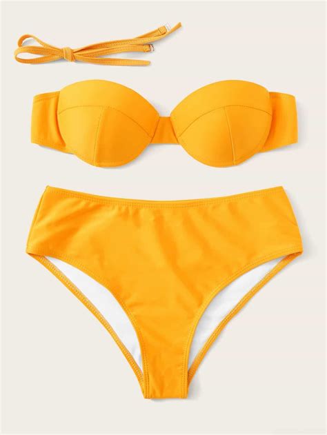 Yellow Swimsuit Underwired Bandeau With High Waist Bikini Bottom