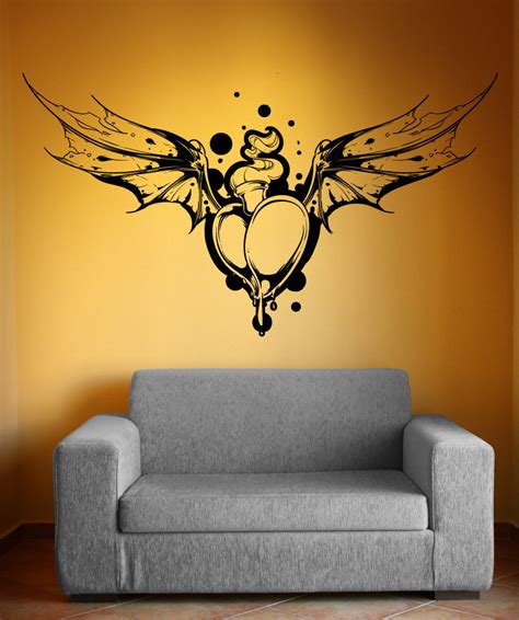 Vinyl Wall Decal Sticker Flaming Heart With Bat Wings 1471