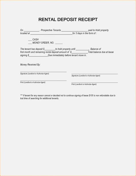 Receipt And Holding Deposit Agreement Form Special Deposit In Non