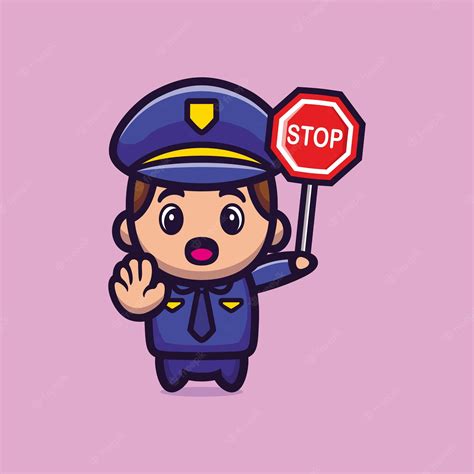 Premium Vector Cute Policeman Holding Stop Symbol Signboard