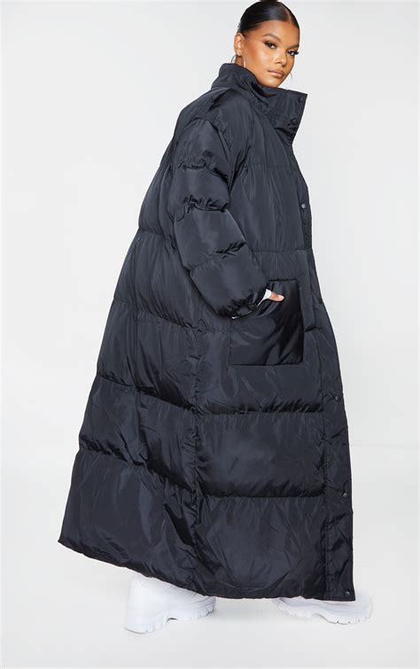 Plus Black Maxi Puffer Coat Plus Size Prettylittlething Ie