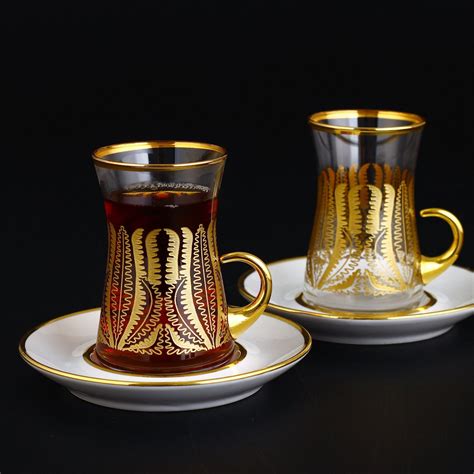 Pasabahce Pcs Demre Gold Turkish Tea Set For Six Person Etsy